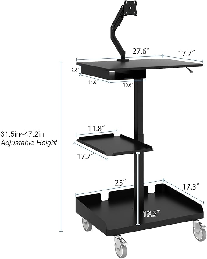 Natwind Mobile Workstation Cart with Monitor Mount,Height Adjustable Rolling Computer Cart, Heavy-Duty Rolling Standing Desk with CPU Holder for Home Office, School,Warehouse, Medical（Black）
