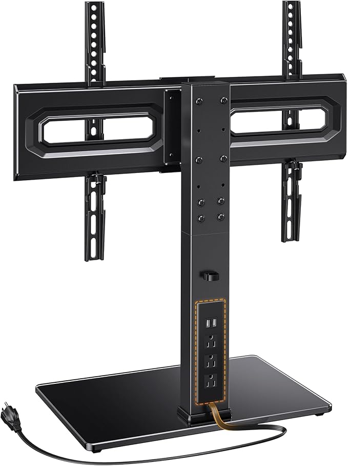 Perlegear Universal TV Stand with Power Outlet, Swivel TV Stand for 32-80 inch TVs up to 99 lbs, TV Base with Tempered Glass Base, Height Adjustable TV Mount Stand Max VESA 600x400mm PGTVS31