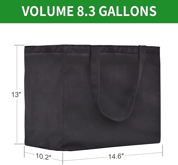 3 Pack Heavy Duty Reusable Canvas Grocery Bags, Holds 60 lbs, 8.3 gal Multi-Purpose Washable Bags with 5 Pockets, Black