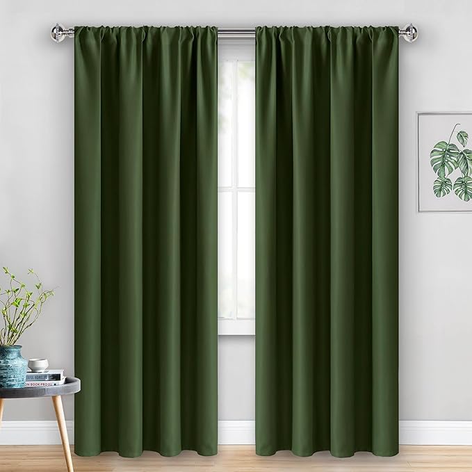 JIUZHEN Christmas Blackout Curtains for Bedroom - Thermal Insulated Room Darkening Rod Pocket Curtains for Living Room, Set of 2 Panels with Tiebacks, 42 x 84 Inch Length, Olive Green