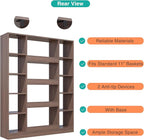 Cube Storage Bookcase with Base - Large Wooden Bookshelf with 10 Open Cubes and 4 Shelves for Home and Office, Freestanding Organizer, Walnut