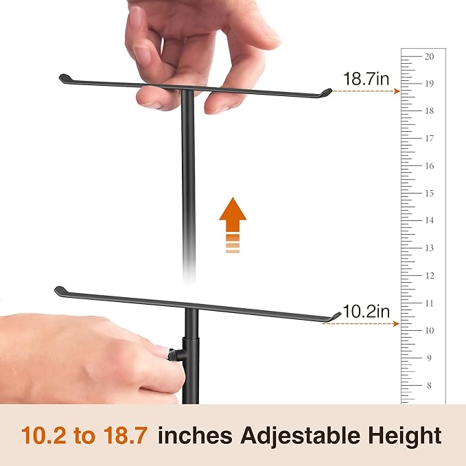 Black Necklace Holder Jewelry Organizer Stand – Adjustable Height T‑Bar Jewelry Display with Dark Gray Marble Base, Necklace & Bracelet Holder, Countertop Jewelry Rack