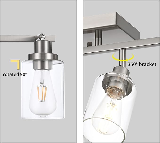 4 Light Track Lighting Fixtures Ceiling Kitchen Track Lighting Kit Brushed Nickel Bathroom Tracking Vanity Lights with Clear Glass Shade, Rotatable Spotlight for Accent Task Wall Art Hallway
