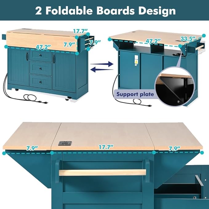 Kitchen Island with 2 Drop Leaf, Home Cart Island on Wheels Foldable Dining Table with Power Outlets,3 Drawers,Storage Cabinet, Tower Rack(Green)