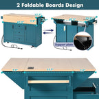 Kitchen Island with 2 Drop Leaf, Home Cart Island on Wheels Foldable Dining Table with Power Outlets,3 Drawers,Storage Cabinet, Tower Rack(Green)