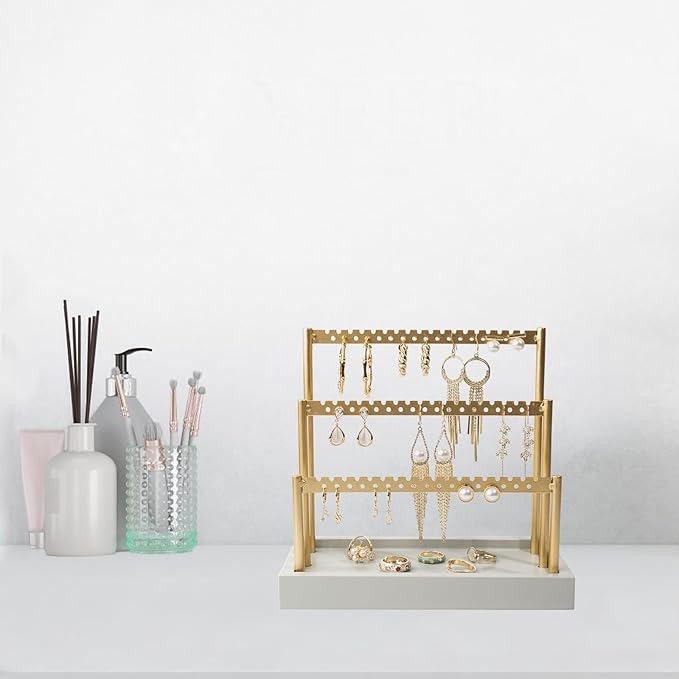 SANY DAYO HOME 3-Tier Earring Holder Organizer Stand, 105 Holes Gold Metal Earring Rack Jewelry Display Tree with Gray Wood Tray for Women and Girls