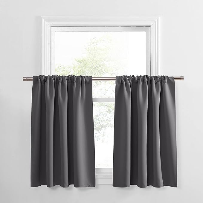 PONY DANCE Grey Short Window Curtains for Kitchen 30 inch Long, 2 Panels Set Half Window Drapes for Bedroom Basement, Blackout Small Curtains for Travel Trailers, Width 42 x Length 30 inches