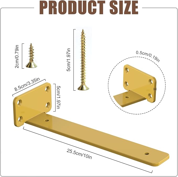 6 PCS Gold Steel Heavy Duty Brackets Without Lip, 10 Inch Supports DIY for Shelves Bracket with 5mm Thick, Industrial Modern Floating Shelf Support for Wall Mount Shelves