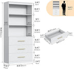 Winkalon 71" Tall White Bookshelf with Drawers, Bookcase and Bookshelf with 3-Tier Open Shelves, Tall Bookcase Tall Storage Cabinet for Home Office Living Room, 15.8" D x 31.5" W x 71" H