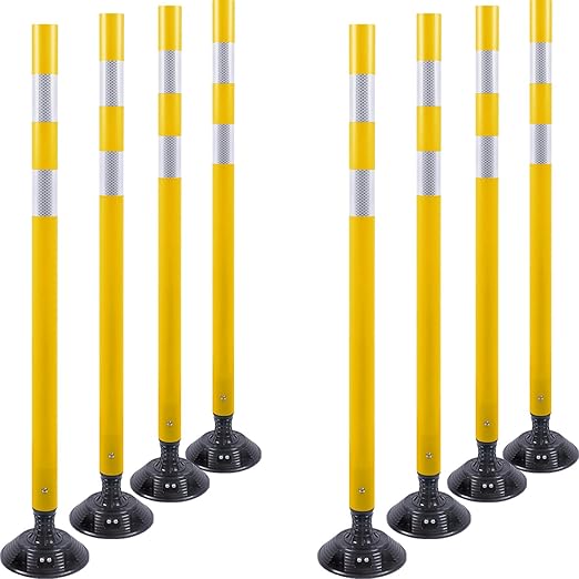 8 Pack Traffic Delineator Post Cones, High Visibility 3M Reflective Tapes, Flexible Spring Post with Detachable Base, for Highway Road Safety, Garage, Parking Lot (Yellow, 48")