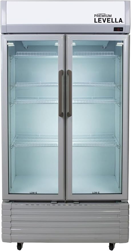 PremiumLevella PRN165DX Glass Door Display Refrigerator 16 cu ft Commercial Beverage Cooler Merchandiser With Customizable Lightbox - Silver