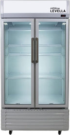 PremiumLevella PRN165DX Glass Door Display Refrigerator 16 cu ft Commercial Beverage Cooler Merchandiser With Customizable Lightbox - Silver