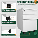 3 Drawer File Cabinet with Lock, Metal Mobile Filing Cabinet on Wheels, Under Desk Storage Cabinet for Home Office, Deep Drawers for Letter/Legal/A4 Files with Anti-Tip Design (White)