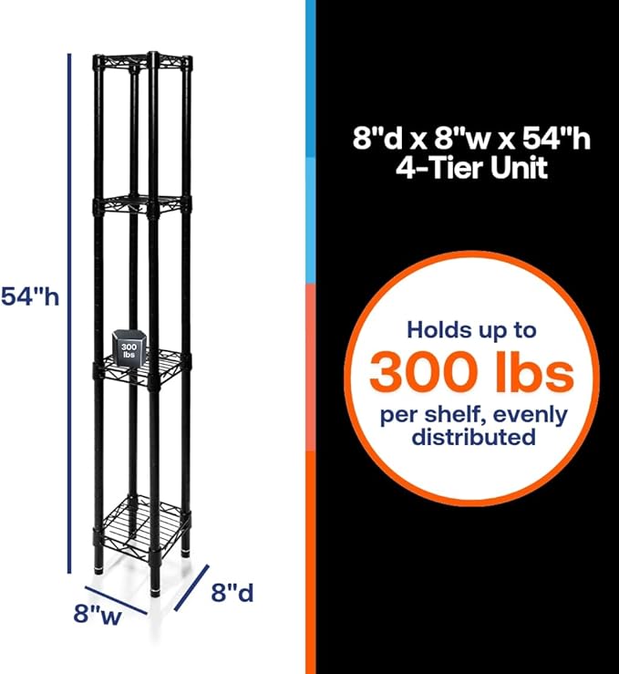 Shelving Inc. 8" d x 8" w x 54" h Black Wire Shelving with 4 Tier Shelves, Weight Capacity 300lbs Per Shelf
