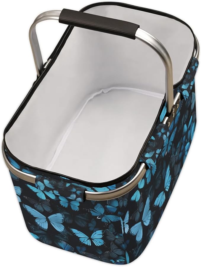 Collapsible Picnic Basket with Handle, Shopping Basket Aluminum Frame, Grocery Basket Tote for Women, Farmers Market Basket, Harvest Baskets Camping Travel Portable Beach Bag (Blue Butterfly)