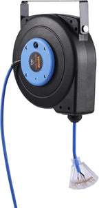 VEVOR 30FT Retractable Extension Cord Reel, 16AWG/3C SJTOW Heavy Duty Power Cord w/Lighted Electrical Triple Tap Outlets, 10A Circuit Breaker, 180° Swivel Bracket for Workshop or Garage, Blue