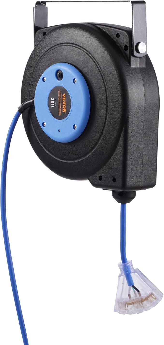 VEVOR 30FT Retractable Extension Cord Reel, 16AWG/3C SJTOW Heavy Duty Power Cord w/Lighted Electrical Triple Tap Outlets, 10A Circuit Breaker, 180° Swivel Bracket for Workshop or Garage, Blue