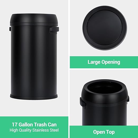 17 Gallon/65L Trash Can, Heavy Duty Stainless Steel Open Top Trash Can, Fingerprint-Proof Round Kitchen Trash Bin, Commercial Garbage Can for Restaurant, Home, Office(Black)