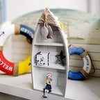 Morning View 2-Shelf Wood Boat Shelf, Nautical Decor with Fishing Net, Starfish, Seashells - Wall Mount or Tabletop Display - Beach Themed Home Decor, White, 6.7x3x16.5 Inch