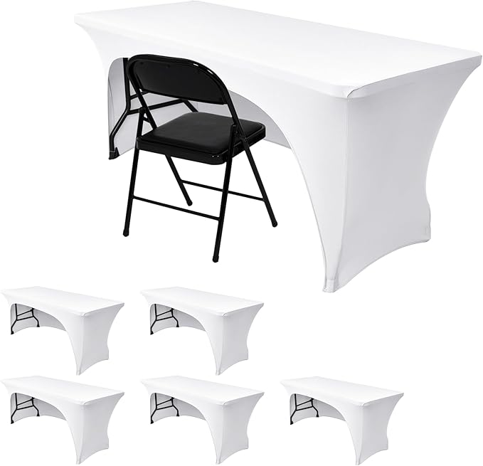Nasitos 6 Pack Fitted White Tablecloth Rectangle for 4 ft Table-Open Back Folding Stretch Spandex Table Covers Fabric Washable and Wrinkle Resistant for Parties, Wedding, Craft Fair, Trade Show
