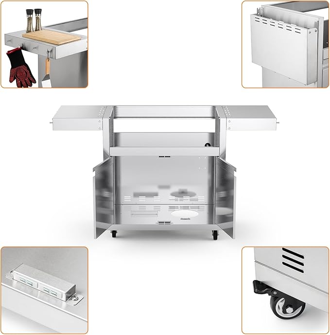 Stainless Steel Grill Cart for Hygrill 4-Burner Built-In Gas Grill, Outdoor Kitchen Island with Foldable Side Shelves and Storage Cabinet
