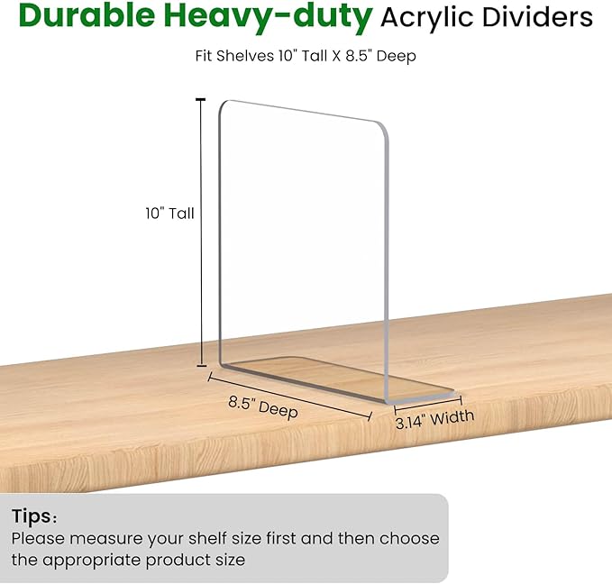 Shelf Dividers for Closet Organization: 10" Tall x 8.4" Deep Durable Clear Acrylic Divider Organizer for Shelves - 12 Pack Adjustable Shelving Separators for Clothing Purse