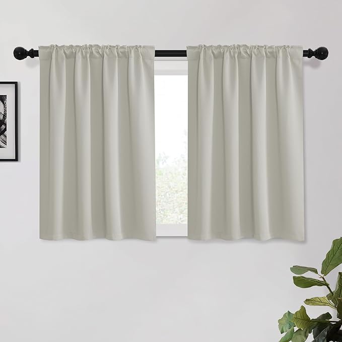 KGORGE Kitchen Curtains 45 inch Length 2 Panels, Privacy Solid Thermal Insulating Energy Saving Light Filtering Curtains for Kids Bedroom Kitchen Office, Back Tab, W34 x L45 inches, Nature