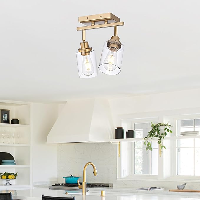 2-Light Track Lighting Fixtures Gold Finish, Multi-Directional Rotating Ceiling Tracking Lights with Clear Glass, Modern Bathroom Wall Vanity Lights Track Lighting Kits for Kitchen Accent Shop