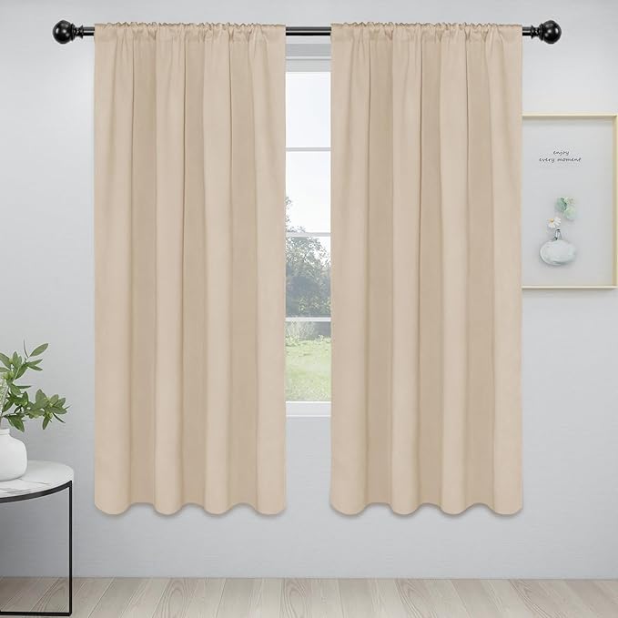 Easy-Going Rod Pocket Blackout Curtains for Bedroom, Room Darkening Window Curtains for Living Room, Thermal Insulated Noise Reduction Solid Window Drapes, 2 Panels(42x72 in, Beige)