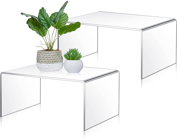 2 Pcs 12 Inch Large Acrylic Risers Display Stands 5 mm Thick Acrylic Shelf Riser Showcase for Collectibles Jewelry Cupcakes Food Figures Perfume Cabinet(Clear)