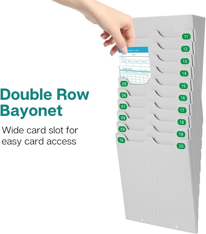 Flexzion Time Card Holder Wall Mount Expandable Time Clock Rack Double Row 20 Slot Rack Card Holder for 7 x 3.46-Inch Timesheets for Attendance Payroll Employee Assignment in Out Timecard Rack, Gray