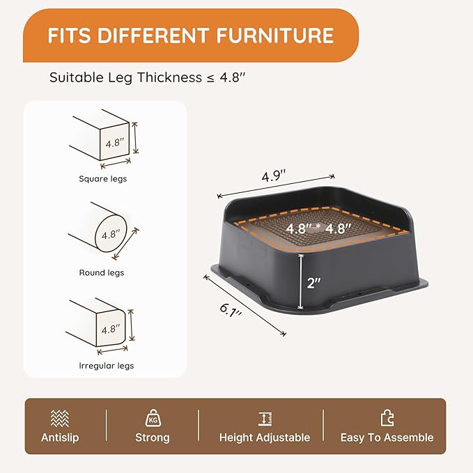 Bed Risers, Oversized Furniture Risers, 2 inch Raise Blocks for Bed Couch Desk Sofa Table Lifts, Furniture Legs Lifters Support up to 6000 Lbs (Black, 8 Pack Set)