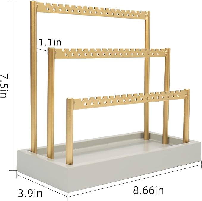 SANY DAYO HOME 3-Tier Earring Holder Organizer Stand, 105 Holes Gold Metal Earring Rack Jewelry Display Tree with Gray Wood Tray for Women and Girls