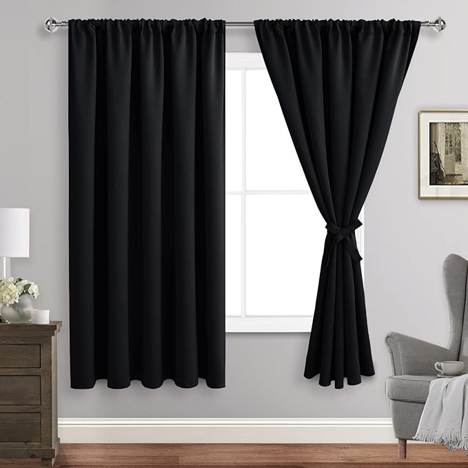 JIUZHEN Blackout Curtains for Bedroom - 60 Inch Wide Thermal Insulated Room Darkening Privacy Soundproof Curtains for Living Room, Set of 2 Panels with Tiebacks, 60 x 63 inches, Black