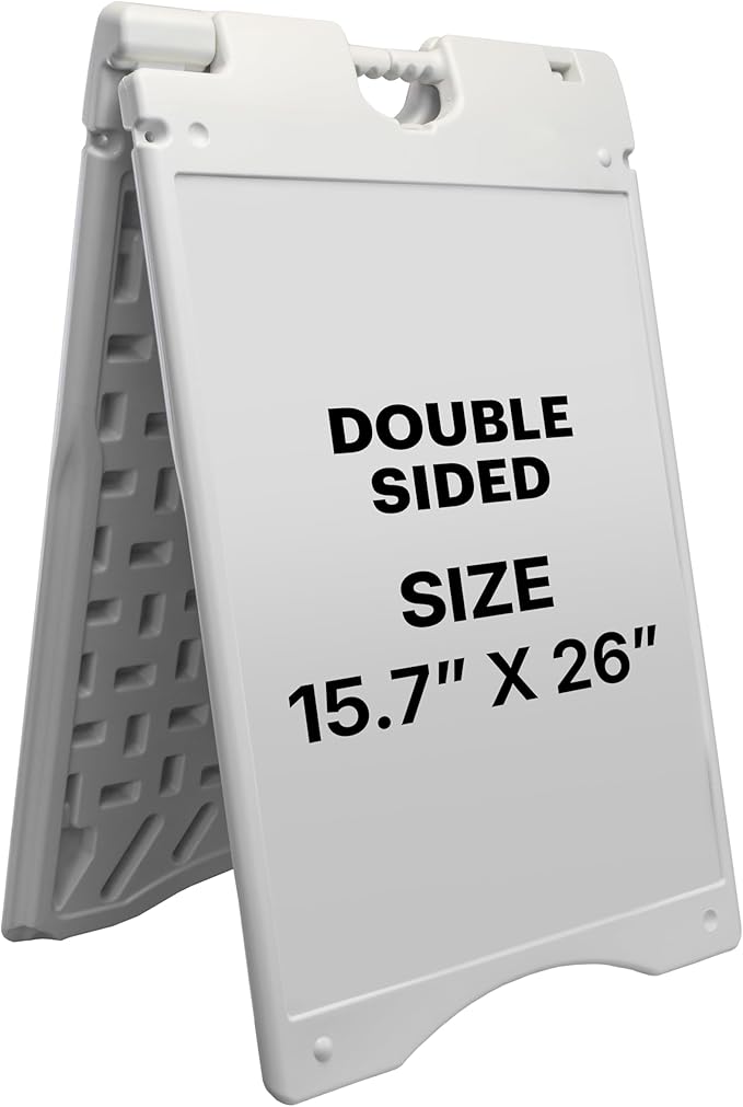Jumbl A-Frame Signboard 15.7” x 26” Display Surface – Small Outdoor Sandwich Board w/Weather Resistant PVC Sign Protector & Sand Fill Holes – Dual Signage Stand for Storefront Sidewalk Curb (White)