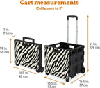Inspired Living Ultra-Slim Rolling Collapsible Storage Pack-N-Roll Utility-carts, with Telescopic Handle, for Home, Garden, Shopping, Office, School use, Large, Zebra