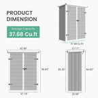 UDPATIO 38 Cu.ft Resin Outdoor Storage Shed with Floor, Vertical Plastic Tool Shed with Shelving Brackets for Backyard Pool Lawn Garden, Grey