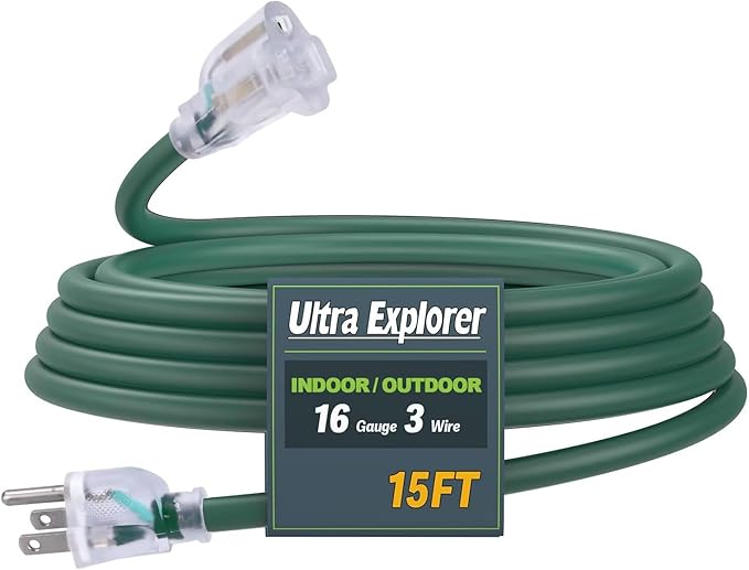 15 Ft Indoor Outdoor Green Extension Cord, 16/3 Heavy Duty Extension Cable, 3 Prong Grounded Plug with Lighted End for Appliance and Lawn, 13A, UL Listed