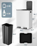 Arlopu 16Gal Dual Trash Can w/2 Built-in Box for Odor Control, Hands-Free Kitchen Garbage Bin, Recycle Waste Dustbin, Soft-Close Lid, 2 Buckets,Foot Pedal, Side Handle, Airtight,for Home (White)
