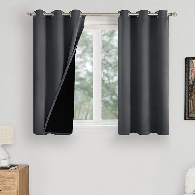 Short Blackout Curtains for Bedroom 40 Inch Length 2 Panels Set, Thermal Insulated Sun Blocking Soundproof Grommet Loft/Basement/Bathroom Window Curtains, Each 42 Inch Wide, Dark Grey