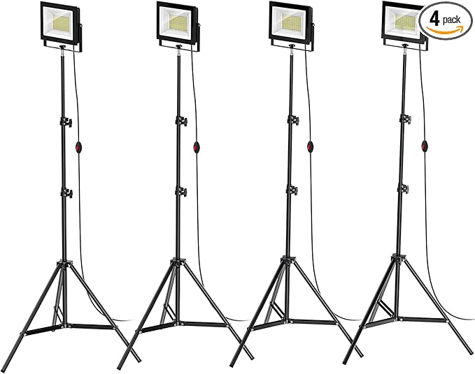 LIVOWALNY 11000 lm LED Work Lights with Stand Pack of 4, 110W Adjustable Head Tower Light with 13FT Cord, Portable IP65 Waterproof Tripod Flood Light for Job Site Workshop Garage Construction Lighting
