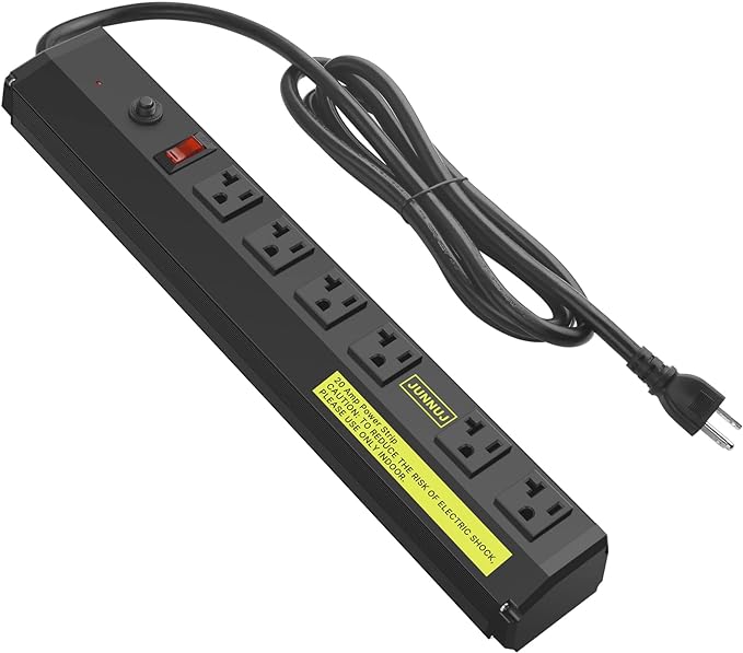 JUNNUJ Heavy Duty Metal Power Strip 20 Amp, High Amp Surge Protector 6 Outlet, 20A Power Strips Workshop Industrial Outlets Wide Spaced 6-20R T-Slot with Circuit Breaker, 12 Gauge Extension Cord 15ft