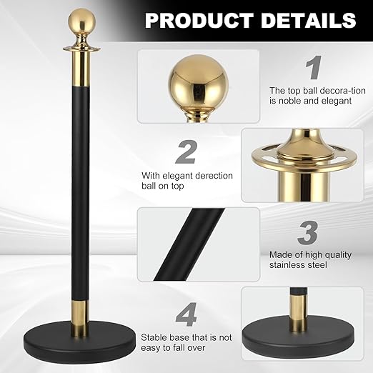 4Pack Stanchions and Velvet Ropes, 5 ft Black Velvet Rope and Poles Set, Black-Gold Stainless Steel Stanchion Posts Crowd Control Barriers for Red Carpet Runner Party Supplies