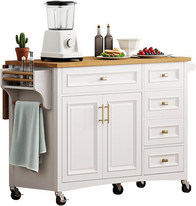 52" Retro Kitchen Island with Storage, Embossed Texture Kitchen Island on Wheels with Drop Leaf, Adjustable Shelf & Oak Veneer Tabletop, Spice/Towel Rack, White