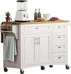 52" Retro Kitchen Island with Storage, Embossed Texture Kitchen Island on Wheels with Drop Leaf, Adjustable Shelf & Oak Veneer Tabletop, Spice/Towel Rack, White