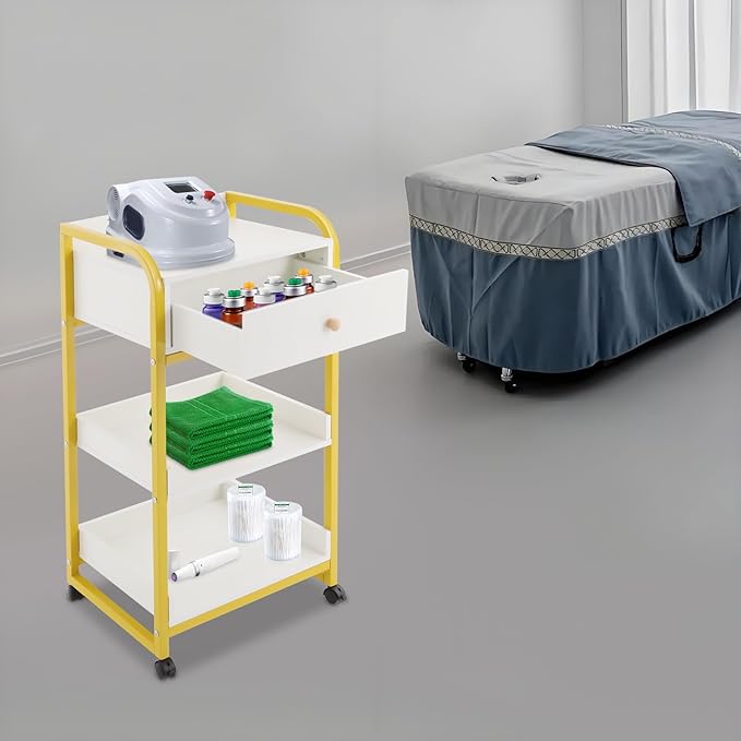 3-Tier Salon Trolley Cart w/Drawer & Shelves, Esthetician Carts w/Wheels Utility Storage for Barber Nail Spa Office, Gold, White