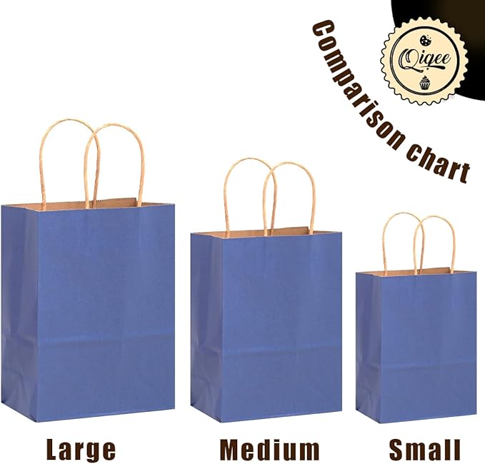 qiqee 100PCS Gift Bag with Handles Bulk Kraft Deep Blue Paper Bags Assorted Sizes(33pcs Large 13",33pcs Medium 11",34pcs Small 8")