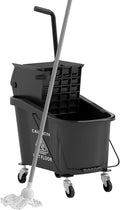 HOMCOM Mop Bucket with Wringer on Wheels for Floor Cleaning, 38 Quart Down Press Wringer with Handle and Mop, Black