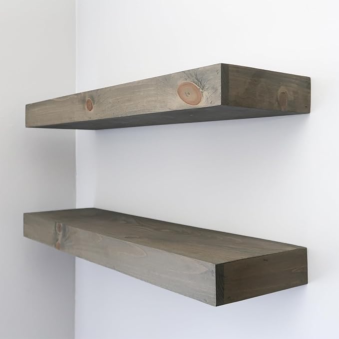 Urbandi Modern Floating Shelves 3 Inches Thick for Wall, Wide Shelves for Kitchen, Living Room, Bedroom, and Bathroom, Natural Pine Wood, Rustic Wooden Shelf, (Set of 2) (Aged Barrel, 60Lx3Hx8D)