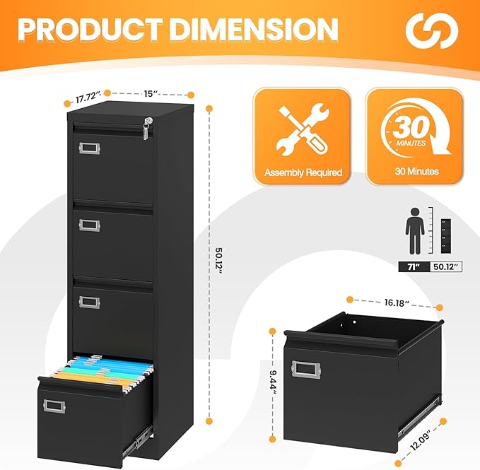 4 Drawer File Cabinet with Lock, Metal File Cabinets for Home Office,18" Deep Vertical Black Filing Cabinets Office Storage Cabinet for Letter/Legal / A4 / F4 Size, and File Folders